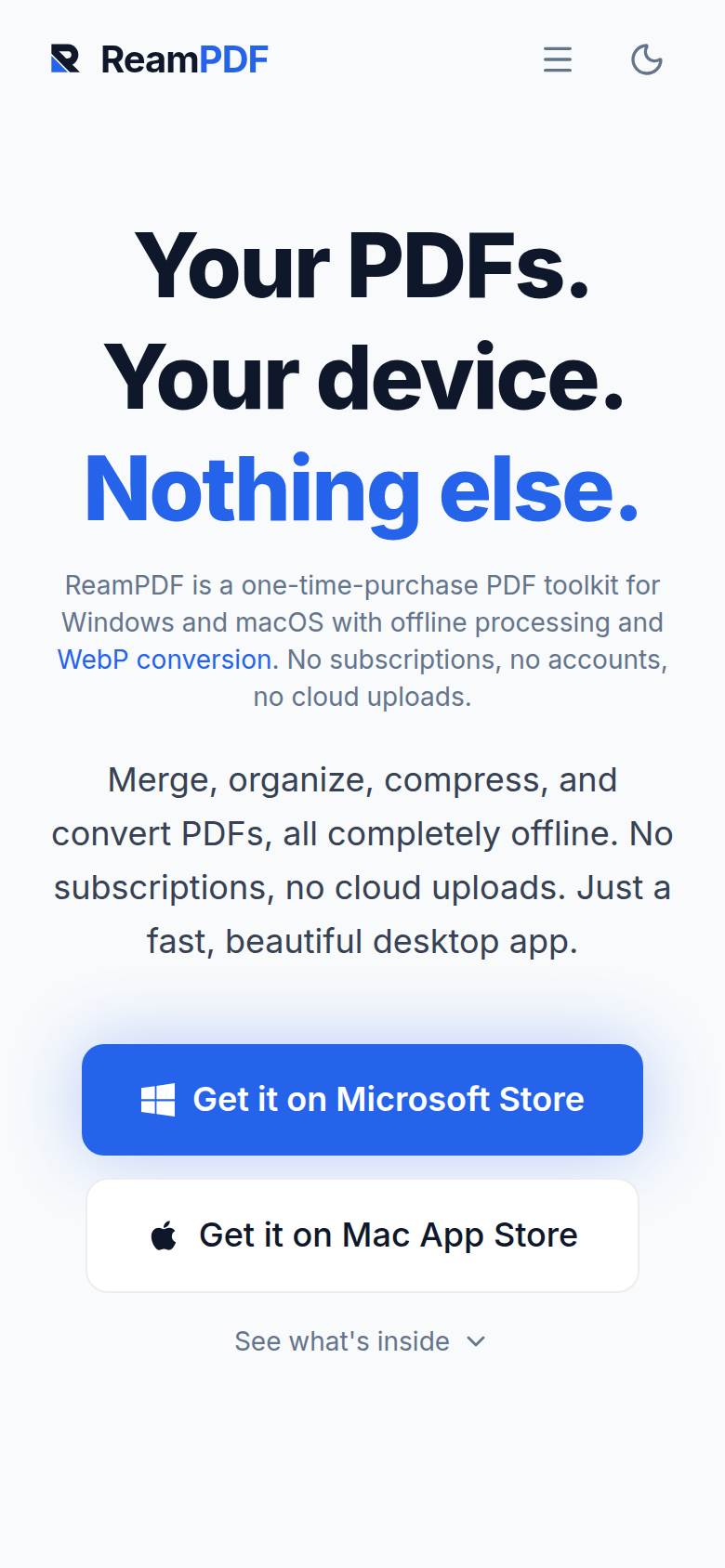 The ReamPDF homepage on a phone