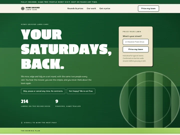 The Home Ground Lawn Care lawn mowing and turf care template, shown on a desktop screen